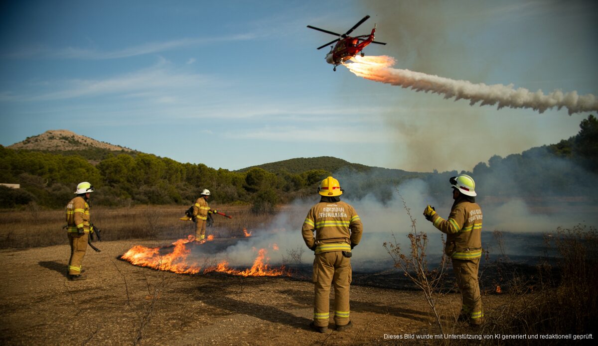Feuerwehr stabilisiert Brand auf Mallorca nahe Palma Feuerwehrmänner bekämpfen einen Waldbrand in der Nähe von Palma de Mallorca