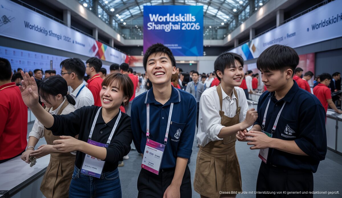 Balearen-Schüler beeindrucken bei WorldSkills Shanghai 2026 Teilnehmer der WorldSkills Shanghai 2026 im lebhaften Messeumfeld.