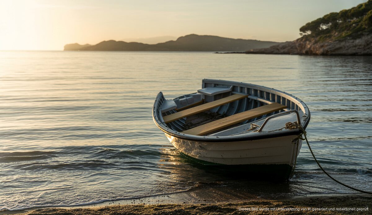 Debatte um Migration auf Mallorca spitzt sich zu Ein verlassenes Boot an der Küste Mallorcas bei Sonnenaufgang, Symbol für Migration
