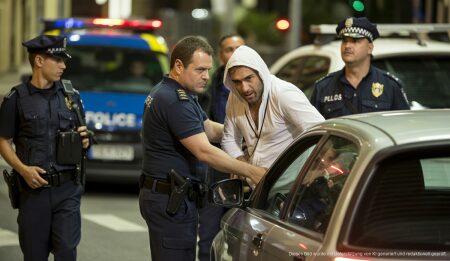 Ecuadorianer in Palma wegen homophober Drohungen verhaftet Nachtszene einer Polizeikontrolle in Palma de Mallorca mit einem verdächtigen Mann in weißer Kleidung und mehreren Polizeibeamten.