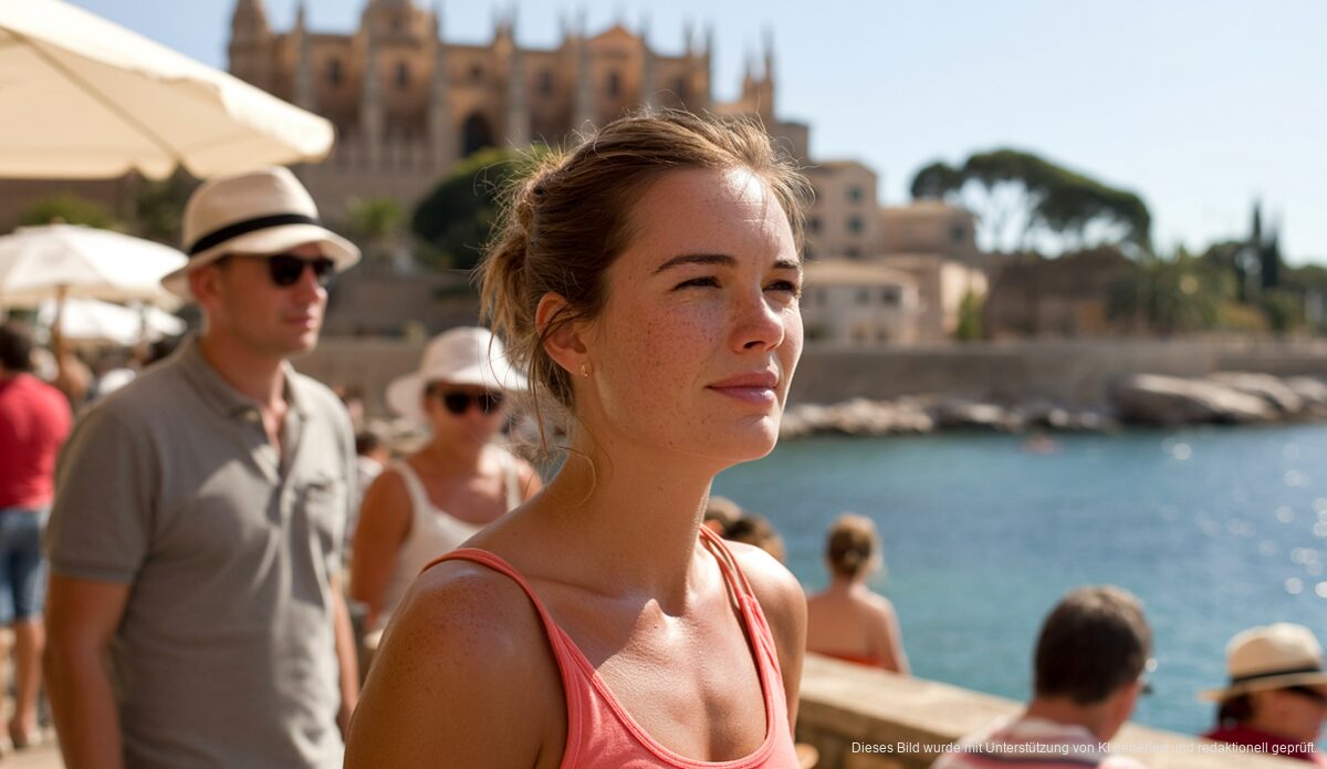 Klimawandel bringt Rekordhitze auf Mallorca Ein sonniger Tag auf Mallorca mit Menschen im Schatten, die versuchen, sich vor der Hitze zu schützen.
