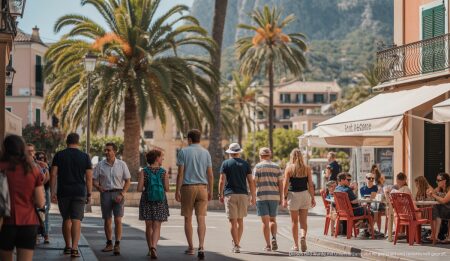 Sonniges Wetter in Sóller erwartet: Angenehme Temperaturen voraus Sonniger Tag in Sóller, Mallorca mit Menschen und Palmen