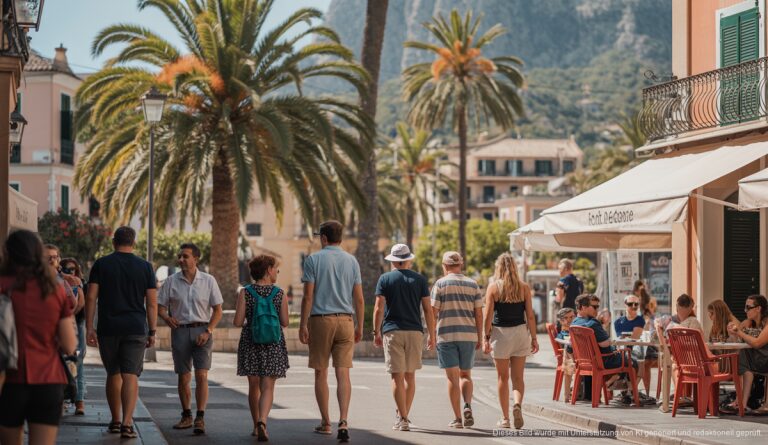 Sonniges Wetter in Sóller erwartet: Angenehme Temperaturen voraus Sonniger Tag in Sóller, Mallorca mit Menschen und Palmen