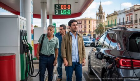Steigende Benzinpreise belasten Mallorca schwer Petrol station in Palma de Mallorca with high fuel prices displayed.