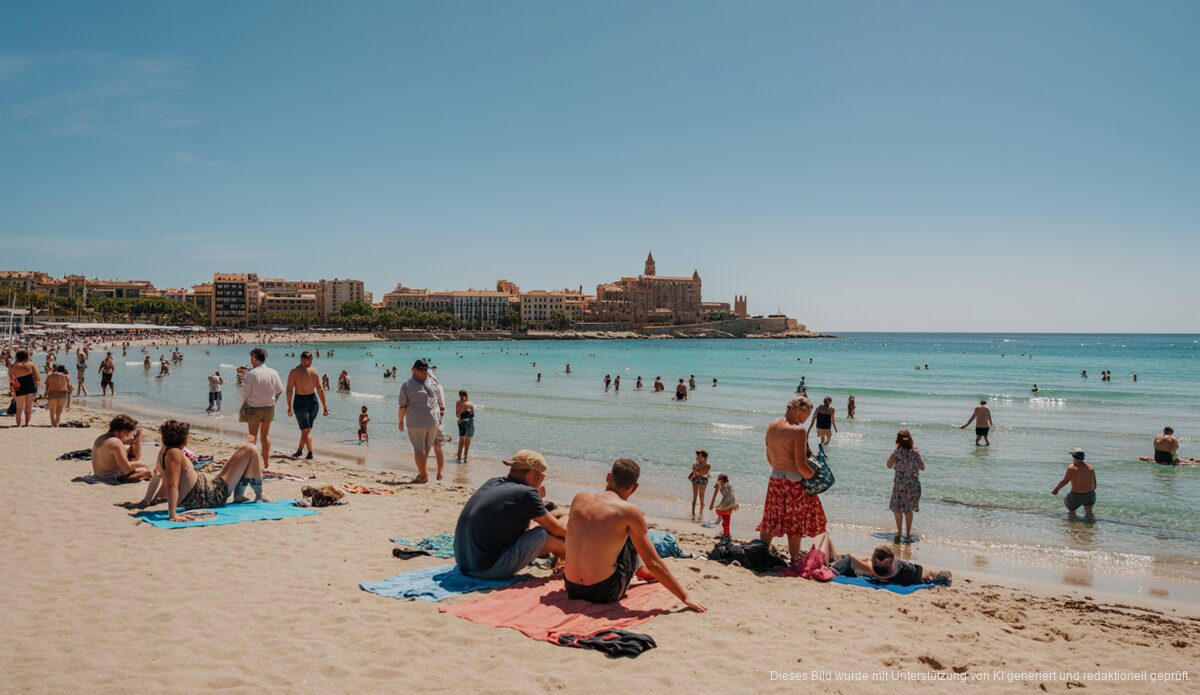 Sonniges Wetter am 19. September auf Mallorca erwartet Sonniges Strandwetter auf Mallorca mit Menschen am Meer