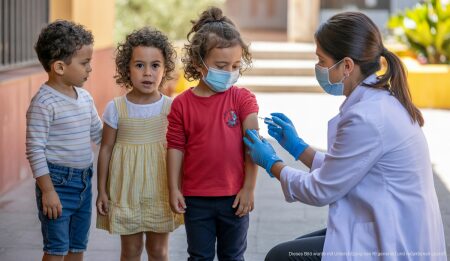 Grippeimpfung für Kinder erreicht 351 Bildungseinrichtungen auf Mallorca Grippeimpfungskampagne für Kinder auf Mallorca, Gesundheitsprofis in einem Schulhof