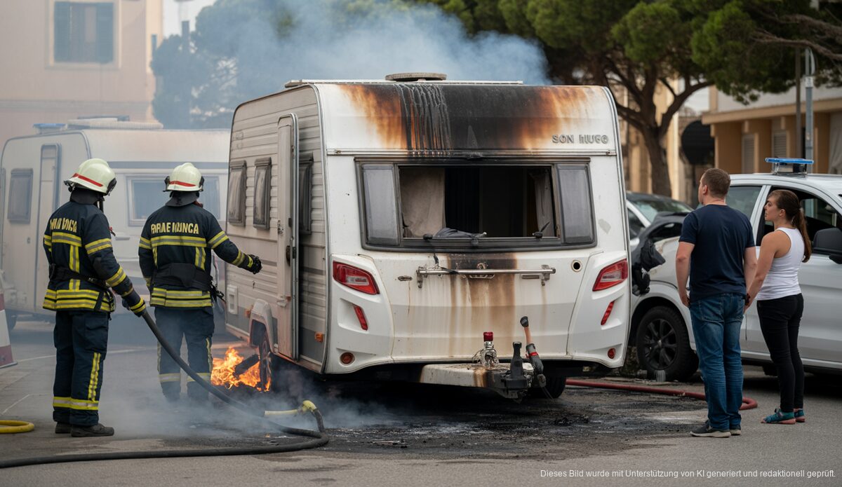 Brand in Son Hugo: Verdacht gegen Ex-Ehemann Gebrannte Karawane und Feuerwehrkräfte in Son Hugo auf Palma