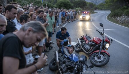 Motorradunfall auf der Serra de Tramuntana mit Zuschauergruppe und Rettungsdiensten
