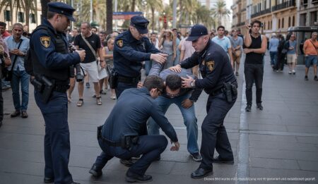 Polizei zerschlägt internationale Taschendiebbande in Palma Festnahme von Taschendieben durch Polizisten in Palma de Mallorca