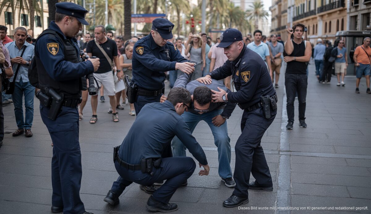 Polizei zerschlägt internationale Taschendiebbande in Palma Festnahme von Taschendieben durch Polizisten in Palma de Mallorca