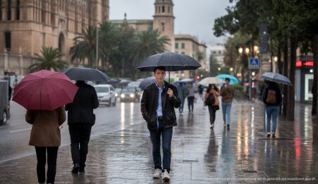 Regnerischer Herbsttag in Palma de Mallorca mit Menschen und Regenschirmen