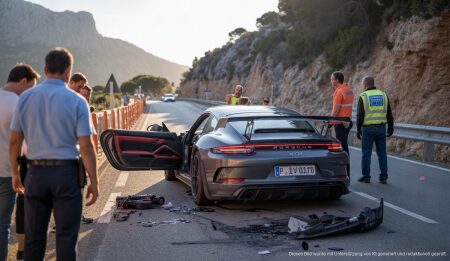 L’Osteria-Gründer Klaus Rader stirbt bei Rallye auf Mallorca Unfallstelle in Mallorca mit einem Porsche GT3 RS im Vordergrund