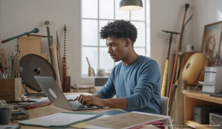 Neue Förderprogramme für Kunststudenten auf den Balearen Ein Kunststudent, der in Palma de Mallorca an seinem Laptop arbeitet, um Förderanträge zu stellen.